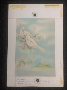 DEEPEST SYMPATHY Two Doves Pink Flowers & Church 6x9 Greeting Card Art S1391