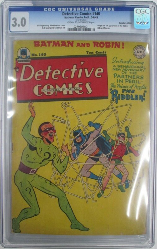 Detective Comics #140 CGC 3.0 (VG/GD) 1st App. Riddler (NCP-Canadian 1949)