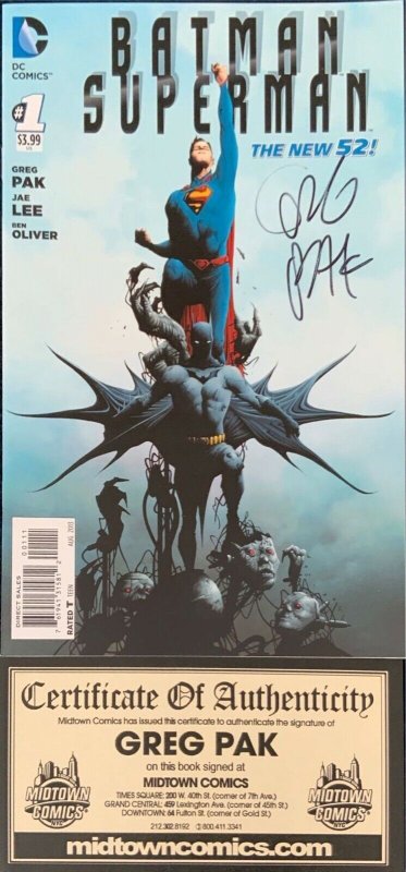Batman Superman #1 Jae Lee Cover Signed By Greg Pak W/ COA DC NEW 52 NM. 