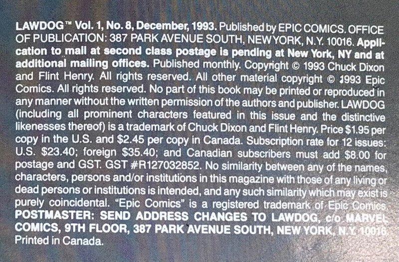 LAW DOG Comic Issue 8 — Chuck Dixon Kwapisz Art - 1993 Epic - Marvel Comics F+