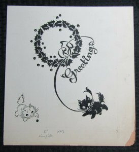 CHRISTMAS Graphic Black & White Kittens with Wreath 11x12 Greeting Card Art #nn