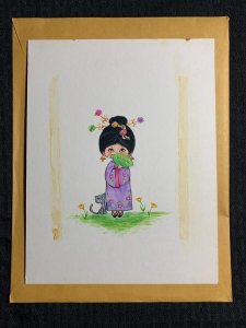 WONDERFUL BIRTHDAY Cute Girl in Kimono w/ Kitten 7.5x10 Greeting Card Art B8450