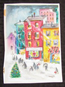 CHRISTMAS Main Street w/ Santa in Store Window 5x7 Greeting Card Art #50011