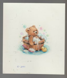 EASTER Teddy Bear Bubble Bath in Barrel w/ Chick 6x7 Greeting Card Art #E2061