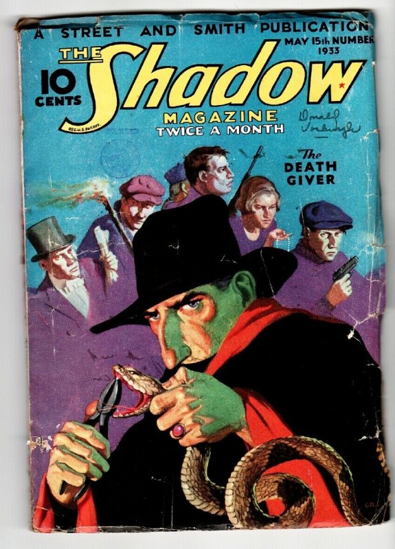 SHADOW 1933 May 15 Rattlesnake cover-STREET AND SMITH-RARE PULP vg