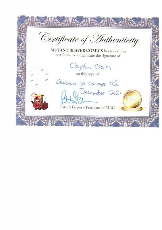 GWENOM VS CARNAGE #2 CLAYTON CRAIN INFINITY SIGNED VIRGIN VARIANT W/COA NM.