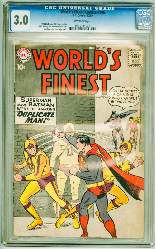 World's Finest Comics #106 (1959) CGC 3.0! OW Pages!