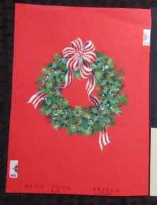 CHRISTMAS Wreath with Striped Bow & Ribbon 6.5x8.5 Greeting Card Art #X7016