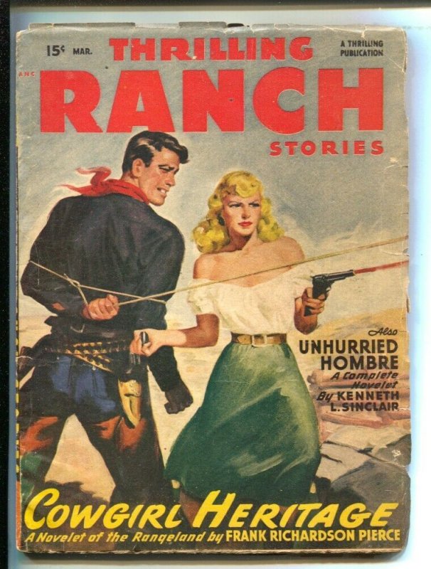 Thrilling Ranch Stories 3/1946-Bondage cover-Cowgirl Heritage-Frank Richard...