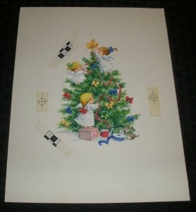 MERRY CHRISTMAS Angels Decorating Tree 7.25x9.5 Greeting Card Art #5515