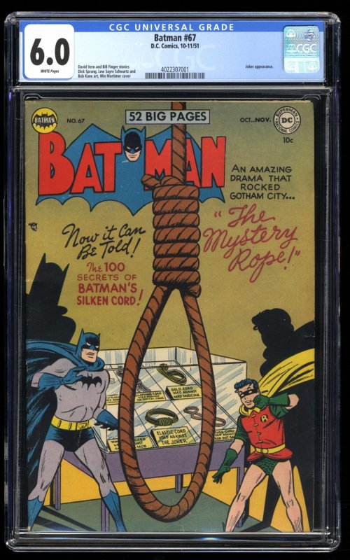 Batman #67 CGC FN 6.0 White Pages Joker Appearance Mortimer Cover!