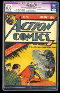 Action Comics #20 CGC FN 6.0 (Restored) Classic Early Superman Cover!