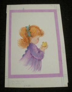 EASTER Cute Cirl w/ Purple Dress & Yellow Chick 6.5x10 Greeting Card Art #2256