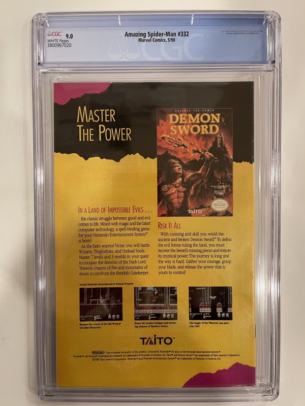 AMAZING SPIDER-MAN #332 CGC 9.0 - WHITE PAGES  ** VENOM BATTLE COVER !!! **