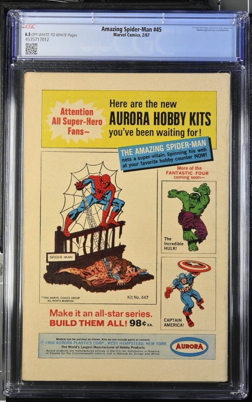 Amazing Spider-man 45 Cgc 6.5 Ow/w Pages Marvel 1967
