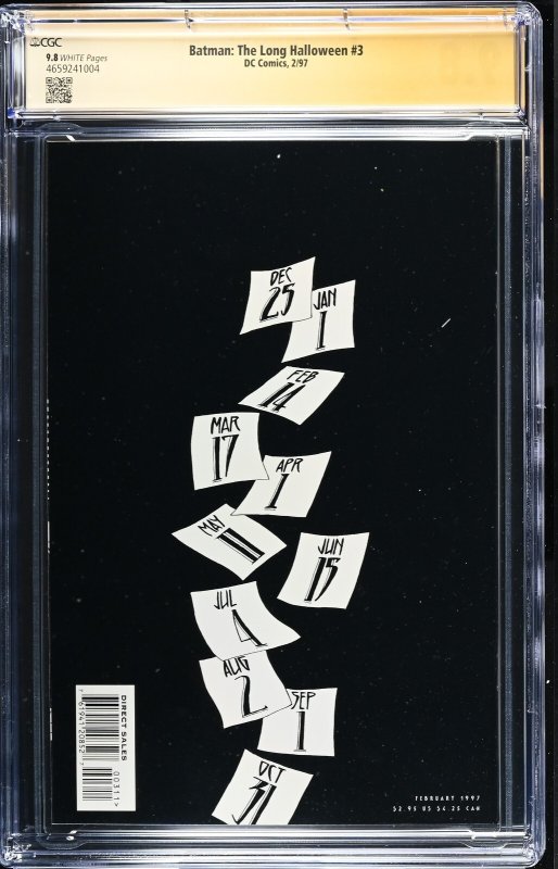 Btaman The Long Halloween (1997) # 3 (CGC 9.8 SS) Signed Jeph Loeb *Census = 11