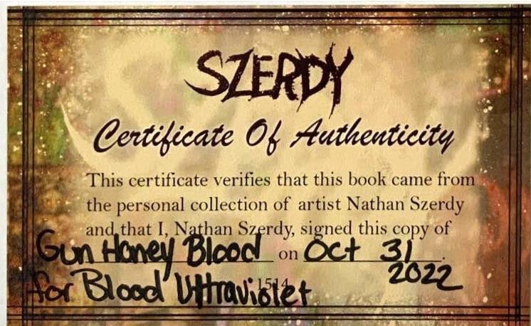 Gun Honey Blood for Blood #1 Nathan Szerdy Ultraviolet Variant SIGNED W/COA NM.