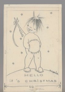 CHERUB ANGEL Hello it's Christmas 3.5x5 #25 Christmas Greeting Card Pencil Art