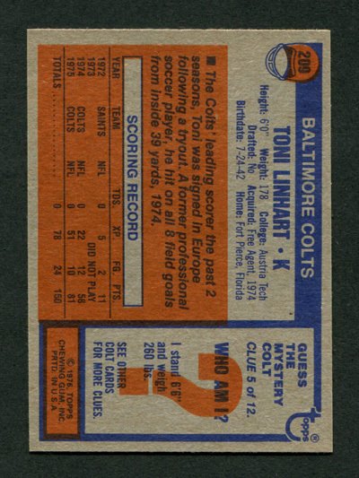 1976 Topps Toni Linhart #209  NM-MT+  Baltimore Colts