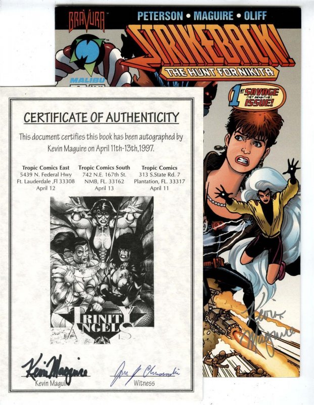 Strikeback #1 1994 Comic & Custom COA both (2X signed ) KEVIN MAGUIRE 1997