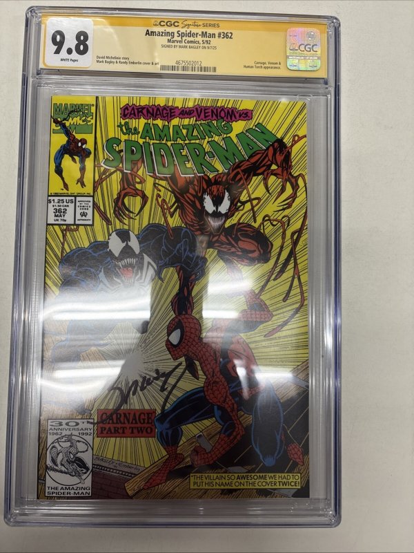Amazing Spider-Man (1992) # 362 (CGC 9.8 SS) Signed Mark Bagley * Carnage