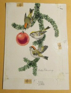 CHRISTMAS 3 Birds on Branch w/ Ornament 8x11 Greeting Card Art FN 6.0 #1015