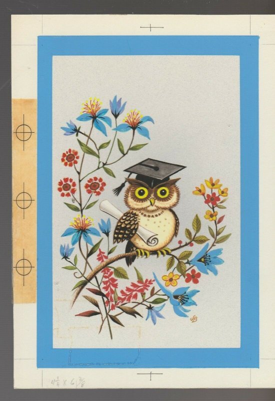 GRADUATION Owl on Branch with Cap & Diploma 5.5x7.5 Greeting Card Art #G4358