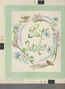 BEST WISHES Vintage Birds w/ Flowers Blue Ribbon 9.5x11 Greeting Card Art #C1664