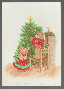 MERRY CHRISTMAS Teddy Bears Decorating Tree 7x10 Greeting Card Art #5172