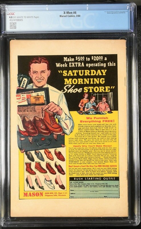 X-men 4 Cgc 4.0 Ow/w Pages Marvel 1964 1st Scarlet Witch Quicksilver