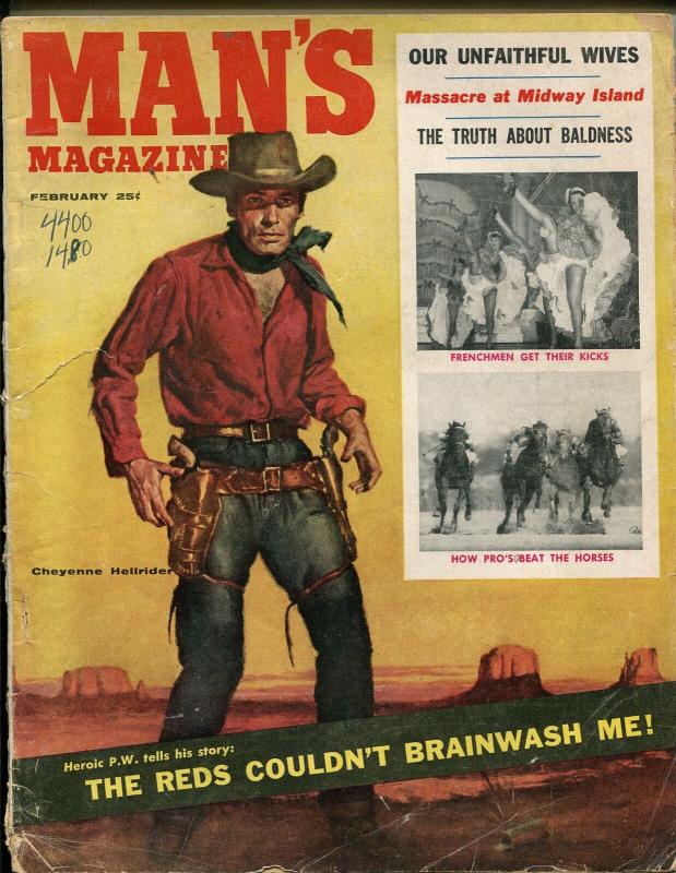 Man's 2/1956-western cover-Tom Ryan-cheesecake-WWII Midway battle-GOOD