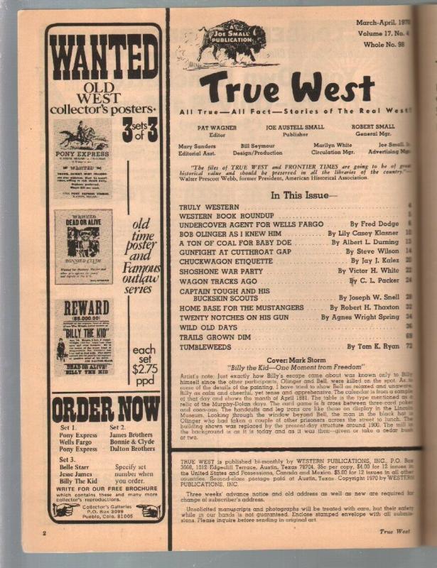 True West 4/1970-Western-Shoshone-Wells Fargo-card game cover-VG
