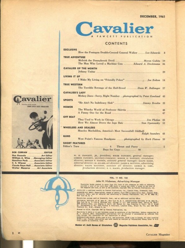 Cavalier 12/1961-Fawcett-Johnny Unitas-Baltimore Colts-NFL photo cover-VG-
