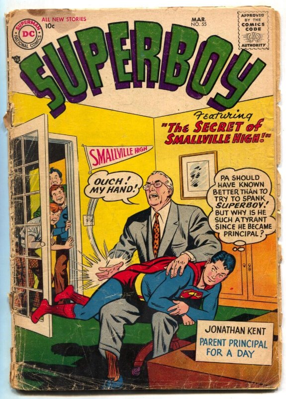 Superboy #55 1957-DC-spanking cover-Pa Kent-reading copy