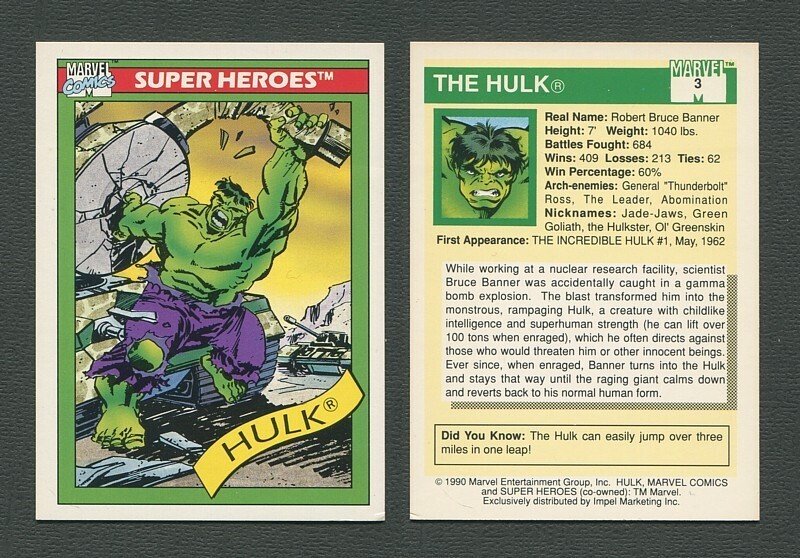 1990 Marvel Comics Card  #3  (Hulk)  NM