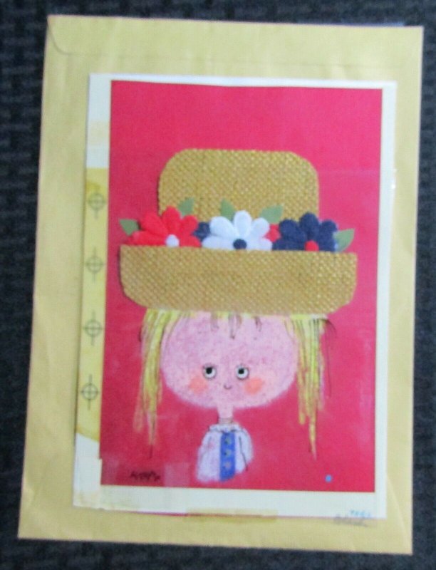 BIRTHDAY Cute Girl w/ Fabric Hat & Flowers 6.5x9.5 Greeting Card Art #B9863