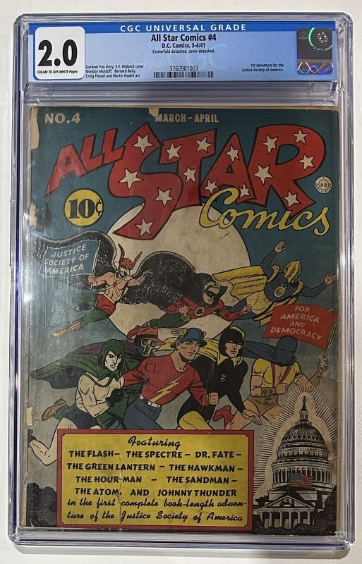 (1941) ALL STAR COMICS #4 CGC 2.0 Rare Golden Age JSA! 1st Full Adventure!