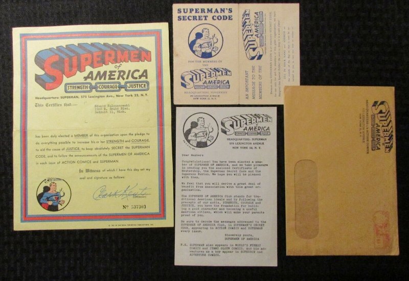 1961 SUPERMEN OF AMERICA Membership Kit VG+/FN- LOT of 4 Superman