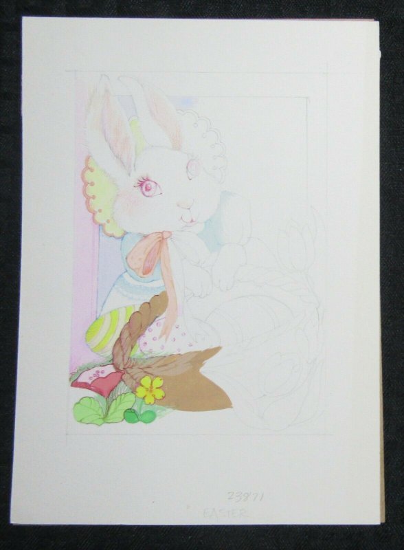 EASTER Pencil & Partial Color Rabbit with Basket 6.5x9 Greeting Card Art #022