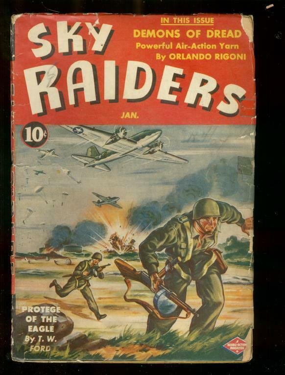 SKY RAIDERS PULP JAN 1944-DEMONS OF DREAD-TOMMY GUN COV VG