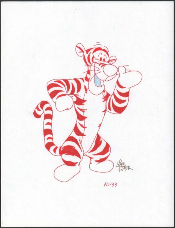 Winnie-the-Pooh Disney Red Ink Drawing - Tigger the Tiger Waving by Mike Royer