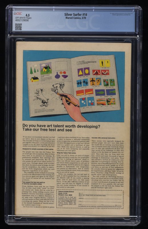 Silver Surfer #14 CGC VG+ 4.5 Off White Amazing Spider-Man Appearance!