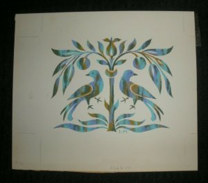 BIRTHDAY Birds & Blue Flowers Leaves 8.5x7.25 Greeting Card Art #6622