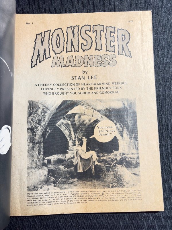 1972 MONSTER MADNESS Magazine #1 VG 4.0 Stan Lee / Frankenstein Cover