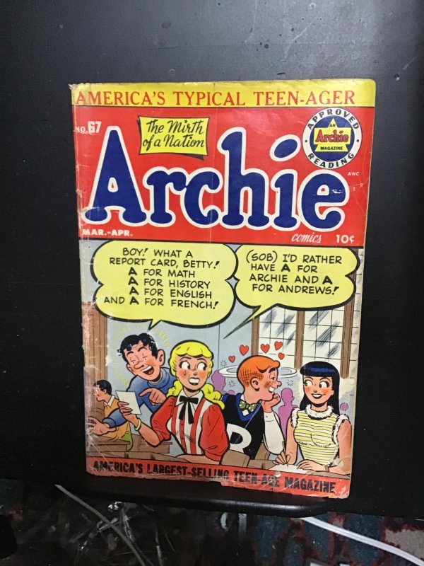 Archie Comics #67 (1954) Report card cover! Affordable grade! VG- Golden-Age!