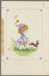 EASTER Cute Girl w/ Bunny Rabbit on Leash 7.25x11 Greeting Card Art #E2220