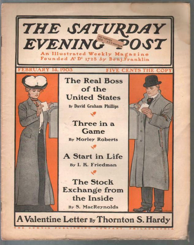 Saturday Evening Post 4/14/1903-JJ Gould-100+ years old-pulp fiction-G/VG