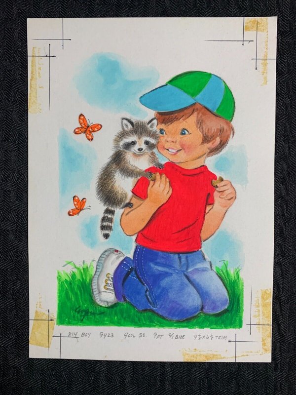 CUTE BOY with Raccoon and Butterflies 6x8 Greeting Card Art #9795