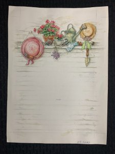 ON MY MIND TODAY Gardeing Shelf w/ Hats & Tools 9.5x13 Greeting Card Art #9038