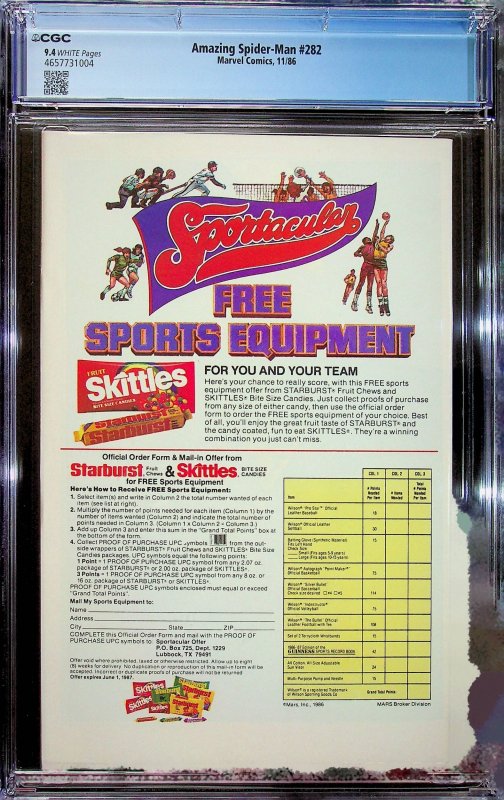 The Amazing Spider-Man #282 Direct Edition (1986) - CGC 9.4 - Cert#4657731004